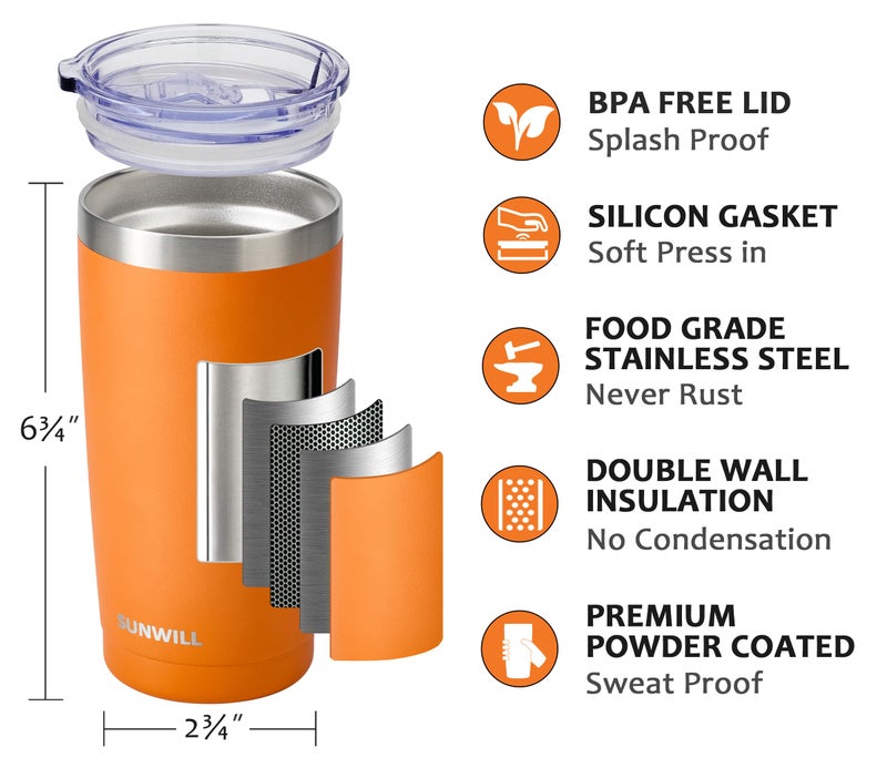 SUNWILL Travel Coffee Tumbler 20 oz, Insulated Mug with Lid, Stainless Steel Cup for Hot and Cold Drinks, Powder Coated Orange - Image 2